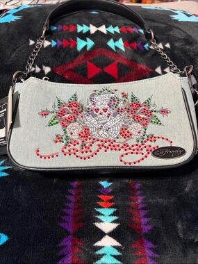 Ed Hardy Light Blue Denim Shoulder Bag with Red and Green Crystal Floral Design